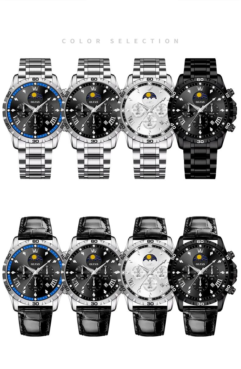 OLEVS Original Moon Phase Men Watches Luminous Skeleton Waterproof Quartz Watch Calendar Chronograph Stainless Steel Wristwatch